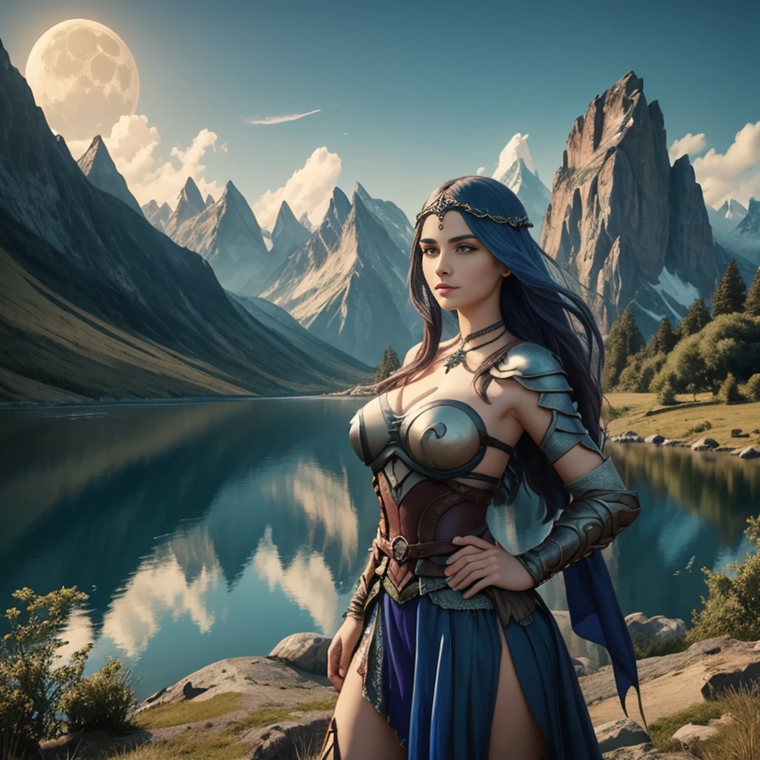 una mujer con un vestido plateado y azul, cuerpo entero, arte de fantasía detallado, impresionante arte de personajes, Arte de personajes épico y exquisito., hermosa armadura de la reina, arte 8k extremadamente detallado, en un paisaje de 8k extremadamente detallado, montañas y un lago con una luna en el cielo, Arte digital 4k muy detallado, Muy detallado, impresionante paisaje de fantasía, Paisaje épico de fantasía onírica 4K, arte impresionante de 8k