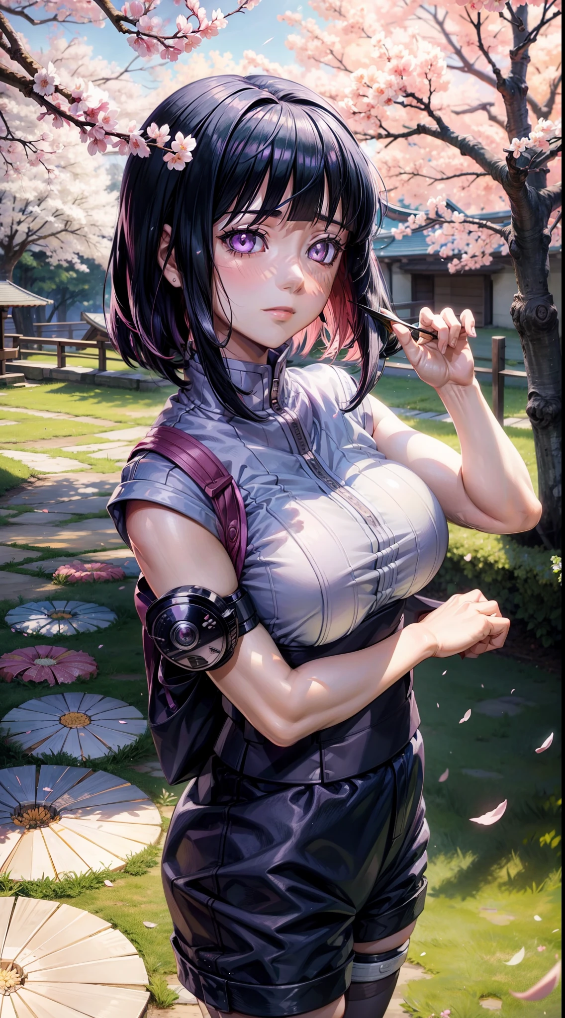 (Best quality)(masterpiece) character from anime naruto shippuden, hinata hyuga,1girl, sweet smile, black hair, short hair, grey pupils, simetric eyes, detailed eyes, wearing light purple casual clothes, shy face, blushing, closed clothes, high detail, semi realistic, anime style, mesmerizing background, sakura flower shower, high resolution, 8k resolution, 70mm lens, calm colours, natural background, under the sakura tree, shy pose, portrait, cool shading, cool lighting