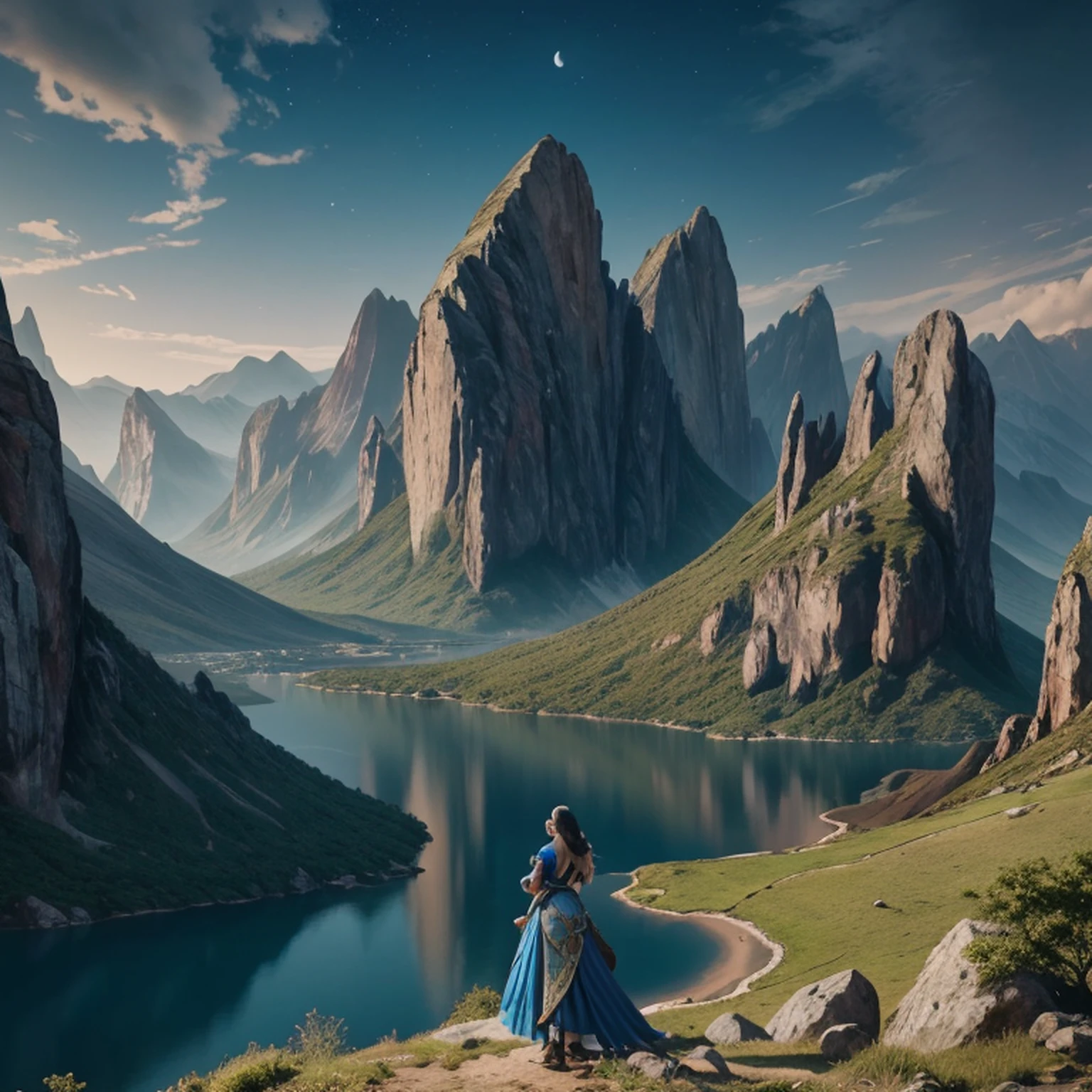 uma mulher em um vestido prateado e azul, corpo inteiro, arte de fantasia detalhada, arte de personagem impressionante, arte de personagem épica e requintada, bela armadura da rainha, arte extremamente detalhada 8k, numa paisagem extremamente detalhada 8k, montanhas e um lago com uma lua no céu, 4k arte digital altamente detalhada, muito detalhado, paisagem de fantasia impressionante, paisagem épica de fantasia onírica 4k, 8k arte impressionante