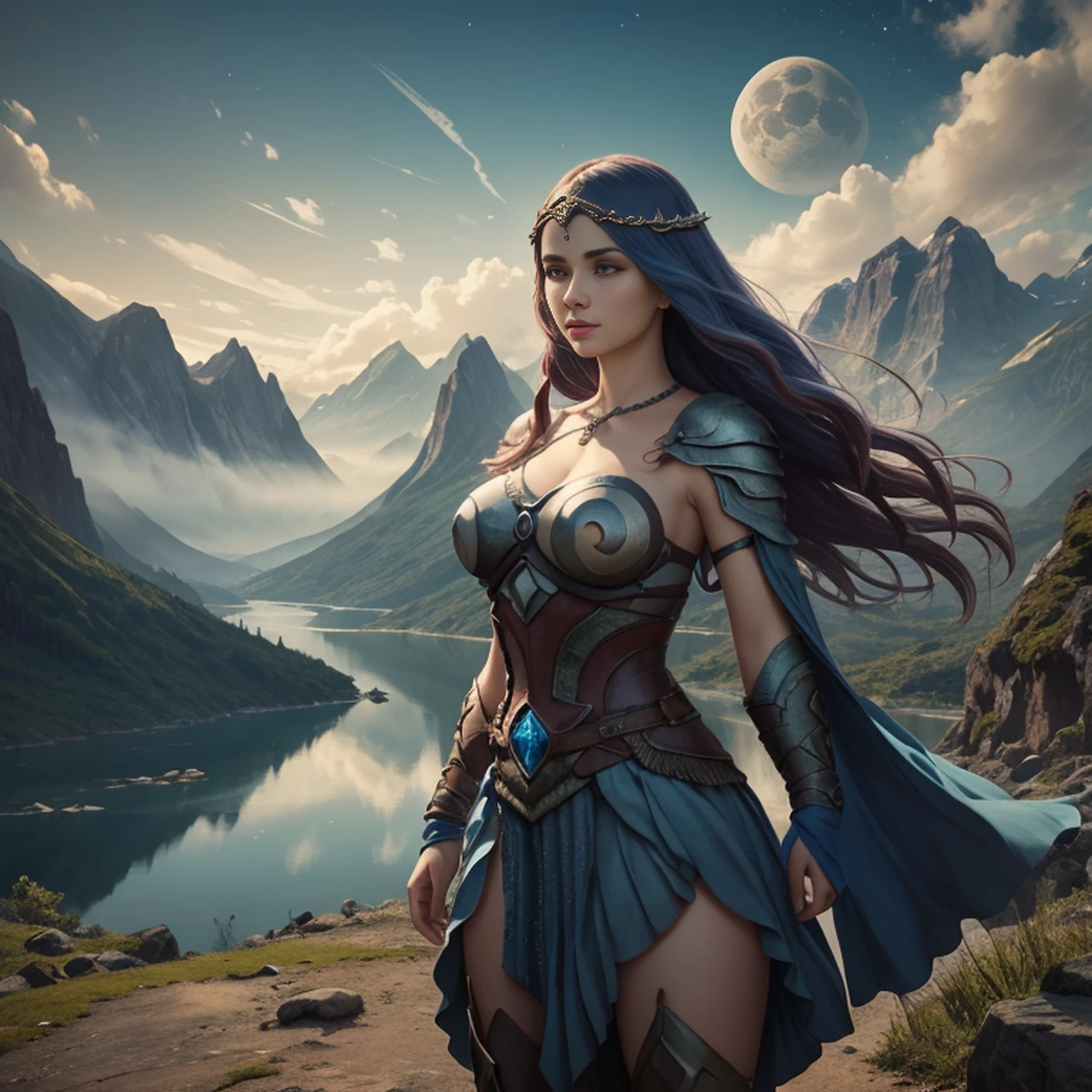 uma mulher em um vestido prateado e azul, corpo inteiro, arte de fantasia detalhada, arte de personagem impressionante, arte de personagem épica e requintada, bela armadura da rainha, arte extremamente detalhada 8k, numa paisagem extremamente detalhada 8k, montanhas e um lago com uma lua no céu, 4k arte digital altamente detalhada, muito detalhado, paisagem de fantasia impressionante, paisagem épica de fantasia onírica 4k, 8k arte impressionante