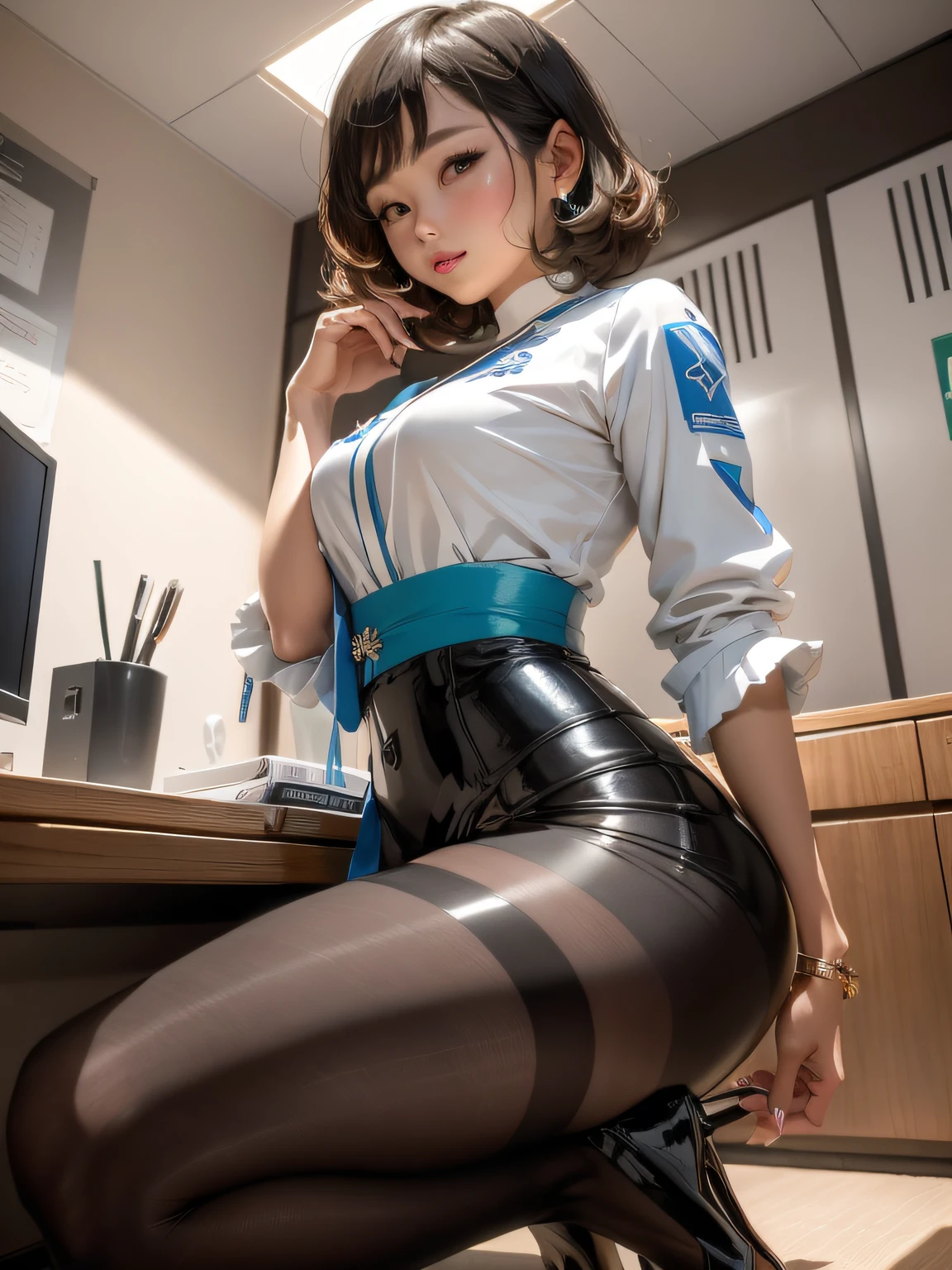 (top-quality, 8k, 32k, master part, uhd: 1.2), 1 girl, beautiful Japan woman, Waist slender, shining skin, gray suit, open jacket, office lady, suit, mini skirt, s office, tabletop, (cross legs: 1.2), fine face, short hair,