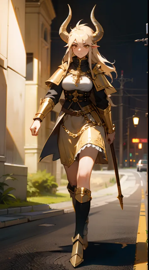 1woman,30s,cow horns,long hair,solo,templar golden knight outfit,knight, golden long chainmail skirt,road,neutral face,walking in the road