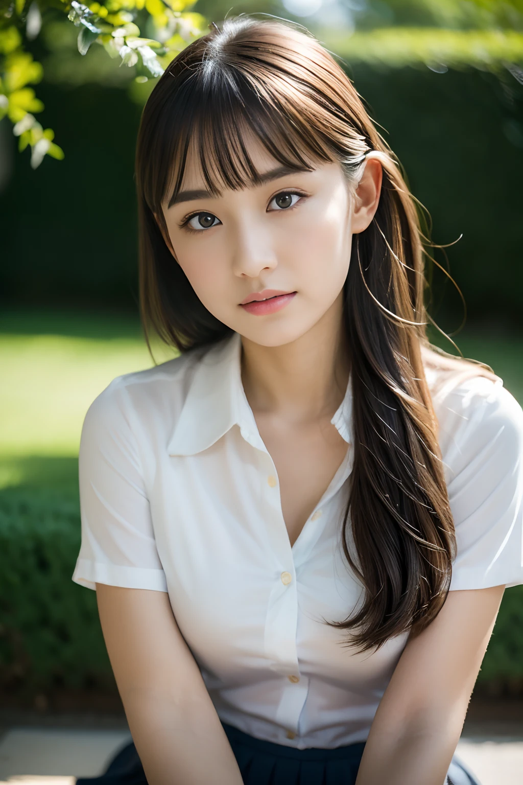 top-quality、​masterpiece)、White background、blurry backround、1girl、a beauty  girl、small tits、Shyness、red blush、超A high resolution、Beautie、cute little、solo、A  Japanese Lady。15yo student、hi-school girl、a smile。Beautiful young woman  model