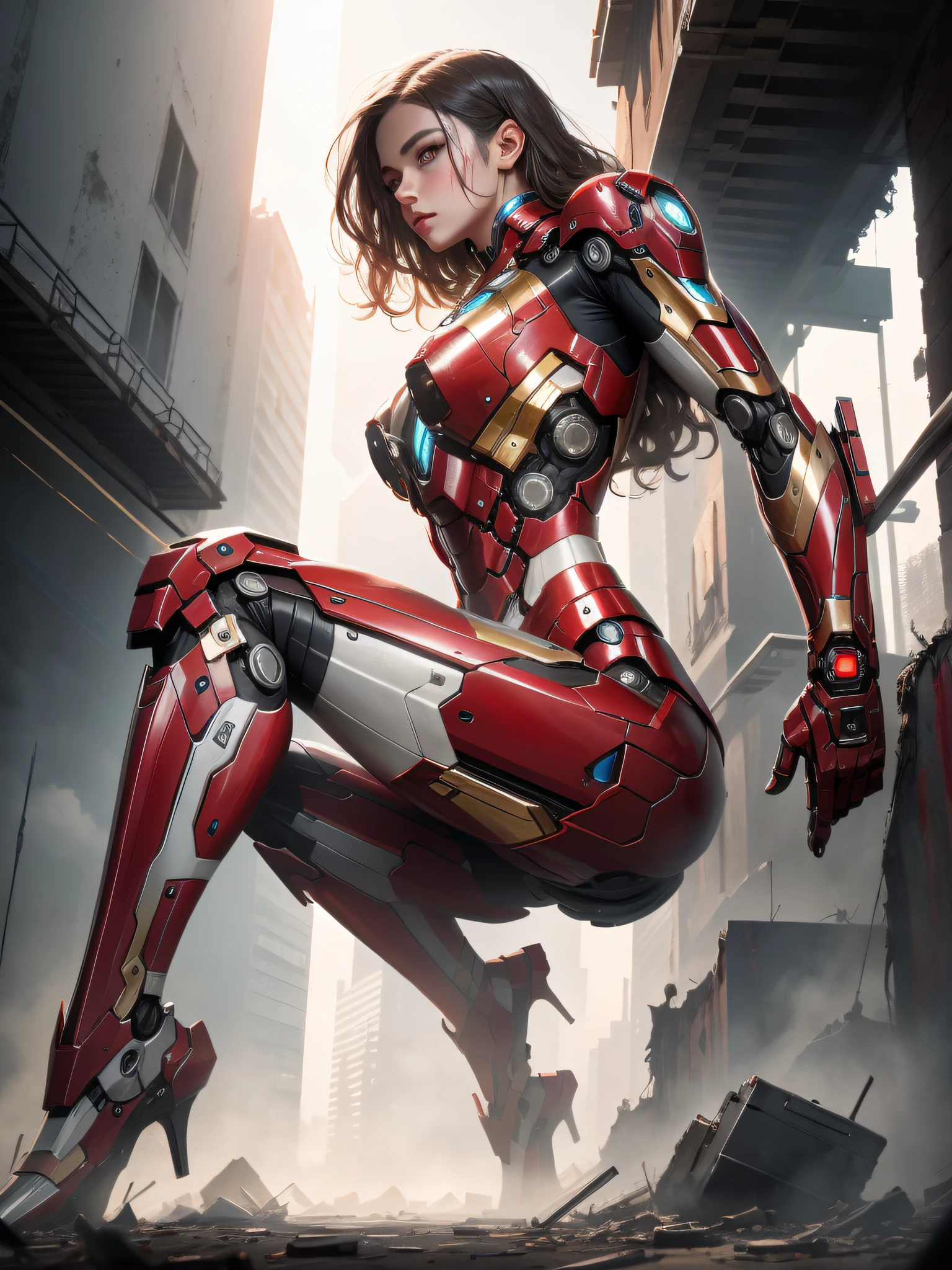 brut, chef-d&#39;œuvre, Photo ultra fine,, meilleure qualité, Ultra haute résolution, photoréaliste, lumière du soleil, portrait complet du corps, Incroyablement belle,, poses dynamiques, visage délicat, yeux vibrants, (Vue de côté) , elle porte un robot futuriste Iron Man, schéma de couleurs rouge et or, Fond d&#39;entrepôt abandonné très détaillé, visage détaillé, fond chargé détaillé et complexe, désordonné, Magnifique, blanc laiteux, peau très détaillée, détails de peau réalistes, pores visibles , netteté, brouillard volumétrique, 8k euh, appareil photo reflex numérique, haute qualité, grain de film, peau claire, photoréalisme, lomographie, métropole tentaculaire dans une dystopie futuriste, vue d&#39;en bas, translucide