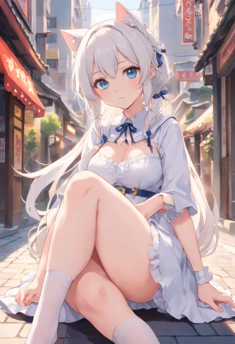 No shoes，Stand barefoot，Masterpiece，long whitr hair，，In the city，Full limbs，teens girl，The face is delicate，White color hair，Double ponytail curls，blue color eyes，White Lolita，Long-range shots，white stockings，There are cat ears on the head, white dresses， ...