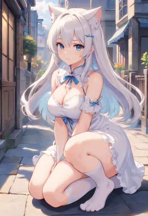 No shoes，Stand barefoot，Masterpiece，long whitr hair，，In the city，Full limbs，teens girl，The face is delicate，White color hair，Double ponytail curls，blue color eyes，White Lolita，Long-range shots，white stockings，There are cat ears on the head, white dresses， ...