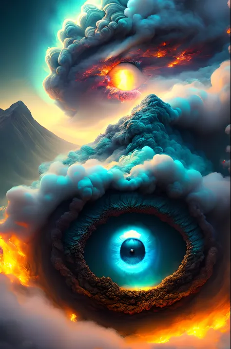 eye in the middle of a cloud of volcano smoke, Volcano erupting with eye on top, tons de azul, arte digital inspirada em Cyril Rolando, surrealismo, Portrait of a giant eye in the smoke of a volcano, mystic eye, nuvem de fumo com um olho, surrealismo