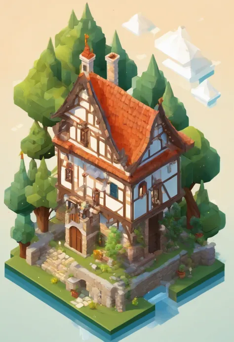 Absurdo, best quality, fantasia, isometric, Knolling estilo de (casa medieval em miniatura:1.2), tree, parede de pedra, (fundo simples:1.2)