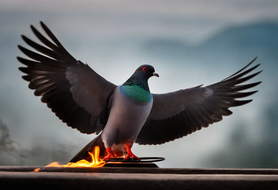 The torch is tied to the pigeon's ankle.