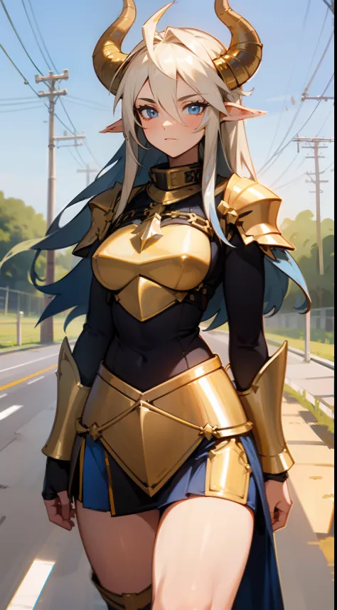 1girl,30s,cow horns,long hair,solo,templar golden knight outfit,knight,golden long chainmail skirt,road,neutral face,road,largr thighs,light blue eyes,hd,masterpiece,8k,large body