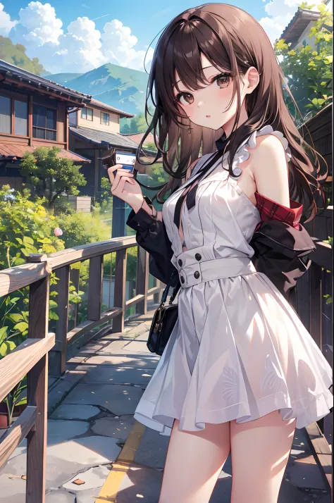 Hi-Res、masterwork、Chizuru Ichinose、Brown hair、soio、Female one、outside of house、细致背景、A detailed eye、（（brown-eyed））,Beautiful and perfect legs, Clean and perfect hands
