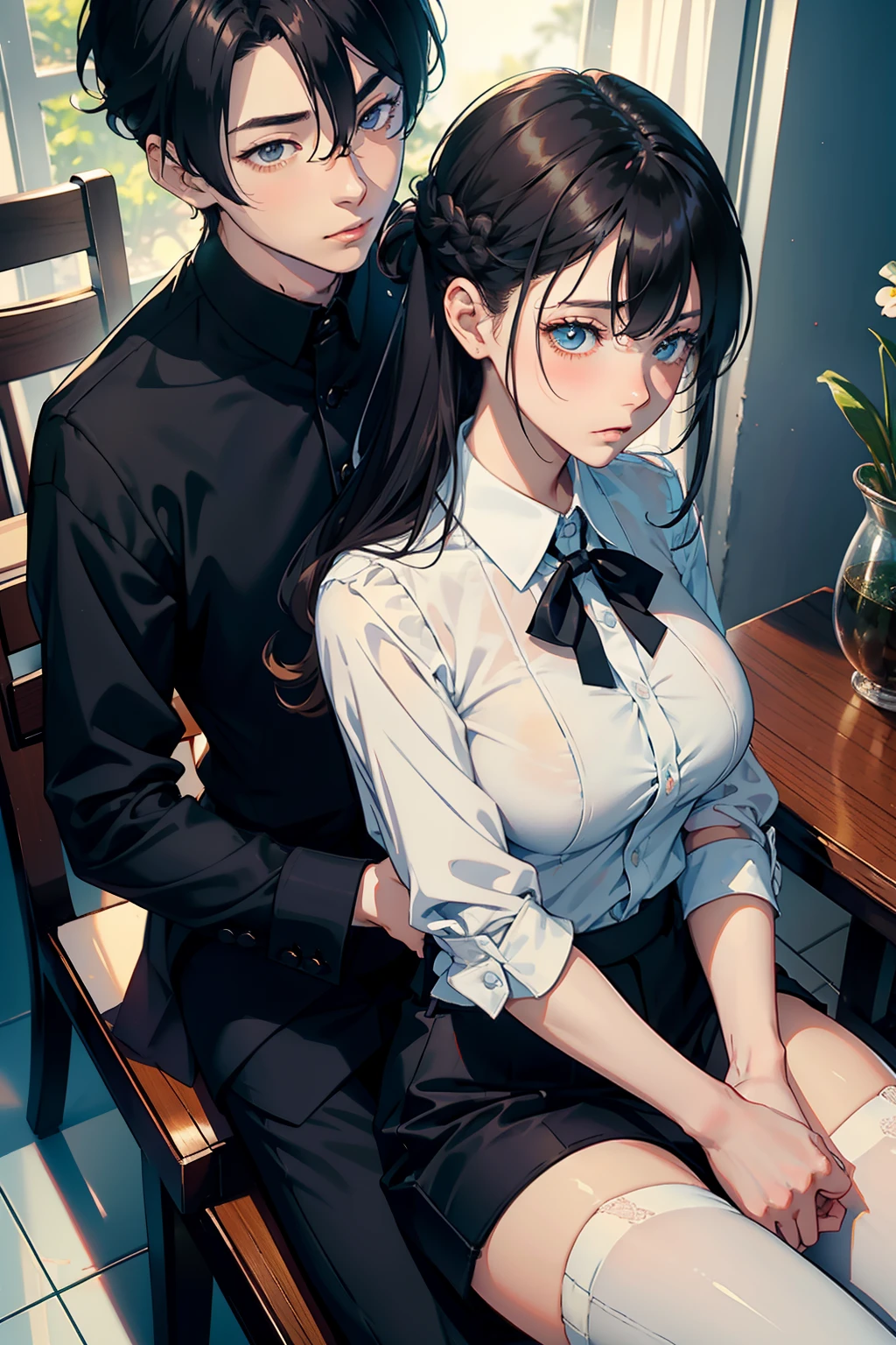topquality　tmasterpiece　Male and female couples　Girl sitting on a chair in a narrow skirt over a blouse。Boys hugging each other from behind。Boys in school long pants with hairstyles。without glasses、Revenge Relations, Hot Kids, Sexy girl, big breasts, HotBoys