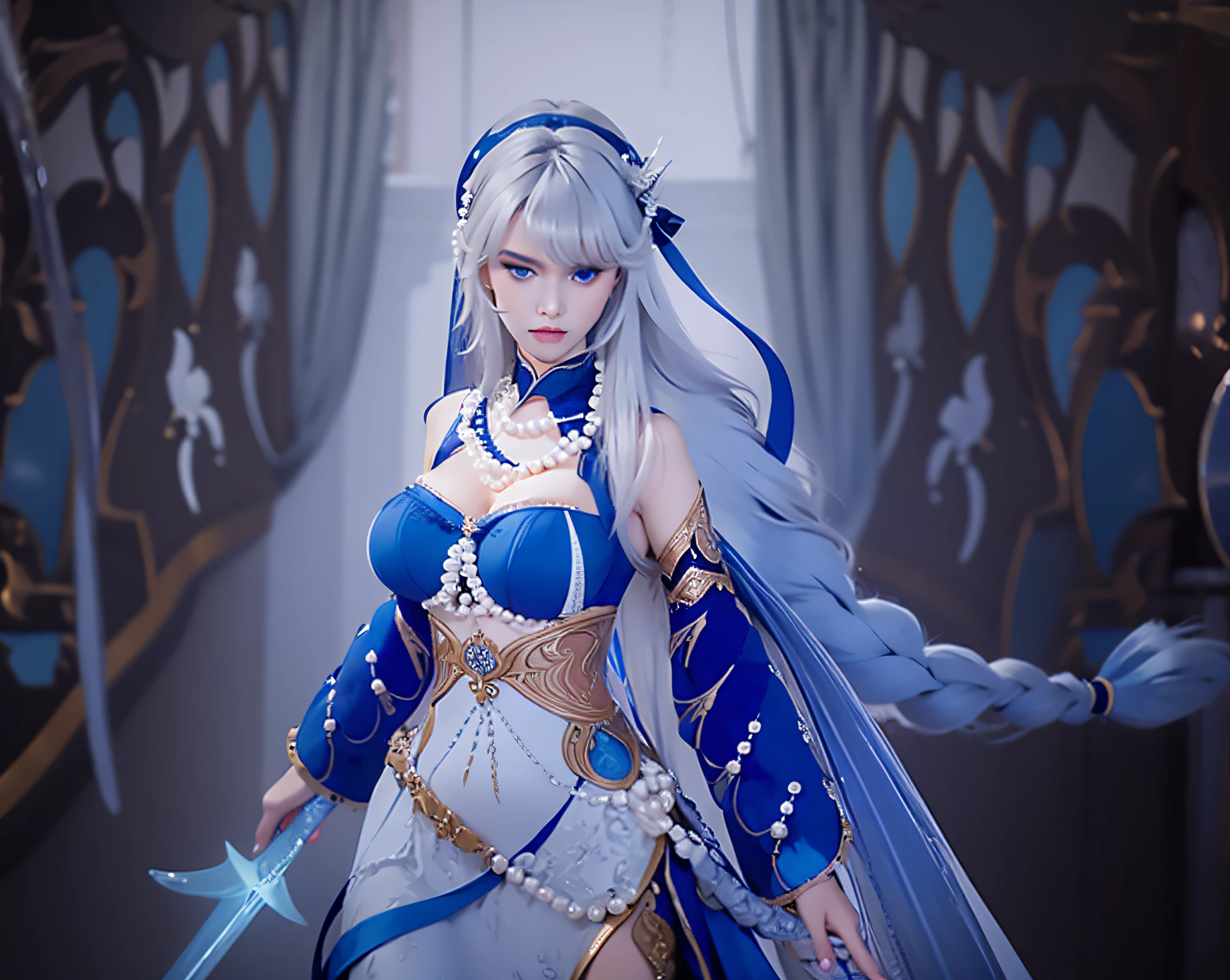 white long hair, pearl necklace, wearing blue navy dress elegant, big breasts, hold blue aqua sword, glare expression, staring intently, 3horn headband, blue nails, photorealistic, masterpiece