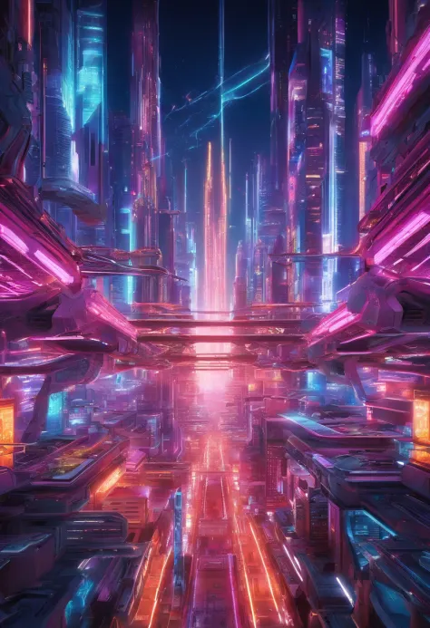 A neon-lit cityscape at night, showcasing a futuristic metropolis bustling with activity. The buildings are adorned with dazzling LED displays, futuristic transportation systems glide above, and AI-controlled drones zip through the sky.