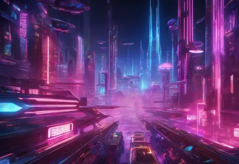A neon-lit cityscape at night, showcasing a futuristic metropolis bustling with activity. The buildings are adorned with dazzling LED displays, futuristic transportation systems glide above, and AI-controlled drones zip through the sky.