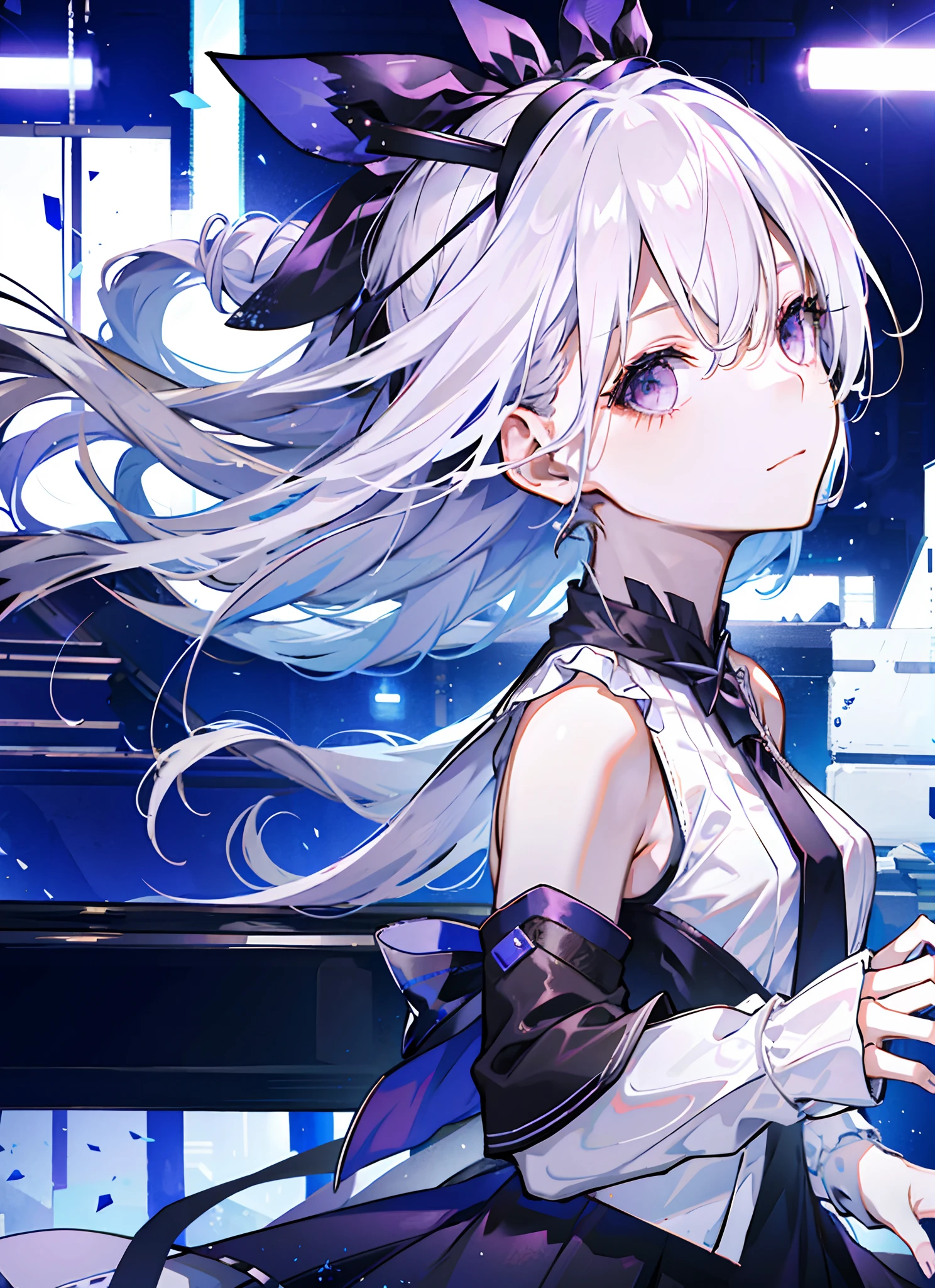 1girl, solo, long hair, piano, instrument, black eyes, dress, white dress, white hair, looking at viewer, light particles, closed mouth, indoors, jewelry, sleeveless, bare shoulders, bangs, from side, head rest on piano, head tilt,black rose, beautiful detailed eyes, detailed background,