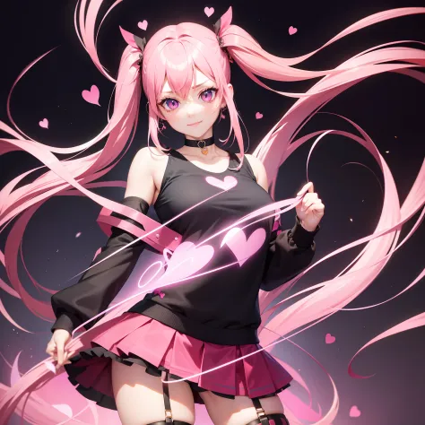 full body Esbian, masutepiece: 1.2, Highest Quality), (Live-action, elaborate details), (1 Lady, Solo, Upper body,) Clothing: Edgy, Black long jumper, pink miniskirt, long hair with pink twin tails,,,,、Avant-garde, Experimental appearance: Long pink twin t...