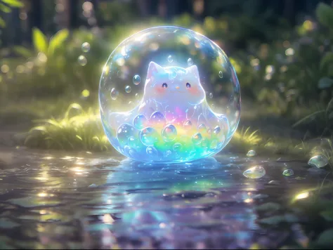 (close shot, super cute slime,reflecting light,colorful bubbles,magical forest),(ultra-detailed,best quality),soft lighting, fantasy style, vibrant colors