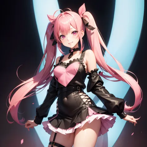 full body Esbian, masutepiece: 1.2, Highest Quality), (Live-action, elaborate details), (1 Lady, Solo, Upper body,) Clothing: Edgy, Black long jumper, pink miniskirt, long hair with pink twin tails,,,,,、Avant-garde, Experimental appearance: Long pink twin ...