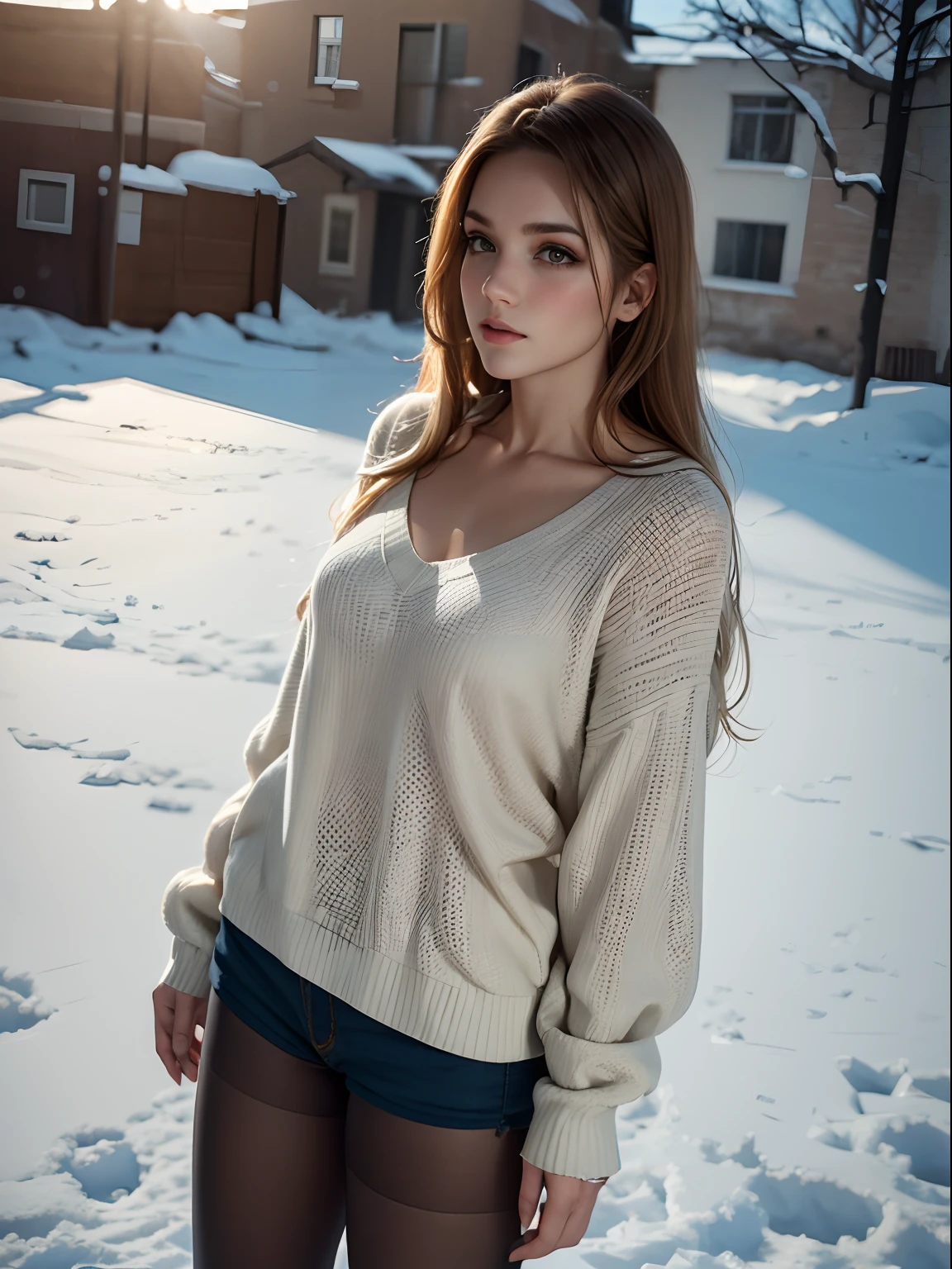 Winters，Schneelandschaft，Schönes Teenager-Mädchen，Spitzenstrumpfhose，Zufällige Farbe，Langer Pullover，Schal，Tiefenschärfe，Echtes Licht，Strahlenverfolgung，OC renderer，UE5 renderer，Hyperrealistisch，beste Qualität，8K，Werke von Meistern，superfein，Detaillierte Schambehaarung，richtige Anatomie