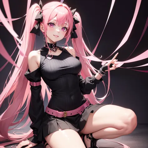 full body Esbian, masutepiece: 1.2, Highest Quality), (Live-action, elaborate details), (1 Lady, Solo, Upper body,) Clothing: Edgy, Black long jumper, pink miniskirt, long hair with pink twin tails,,,,,,、Avant-garde, Experimental appearance: Long pink twin...
