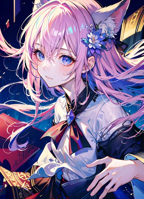 full bodyesbian，tmasterpiece，Best quality at best，offcial art，Very detailed CG 8k wallpaper，(flying petal)(Detailed ice)，Crystal texture of the skin，Grim expression，(fox ear)，whaite hair，long whitr hair，messy  hair，eBlue eyes，Medium breasts，looking at view...