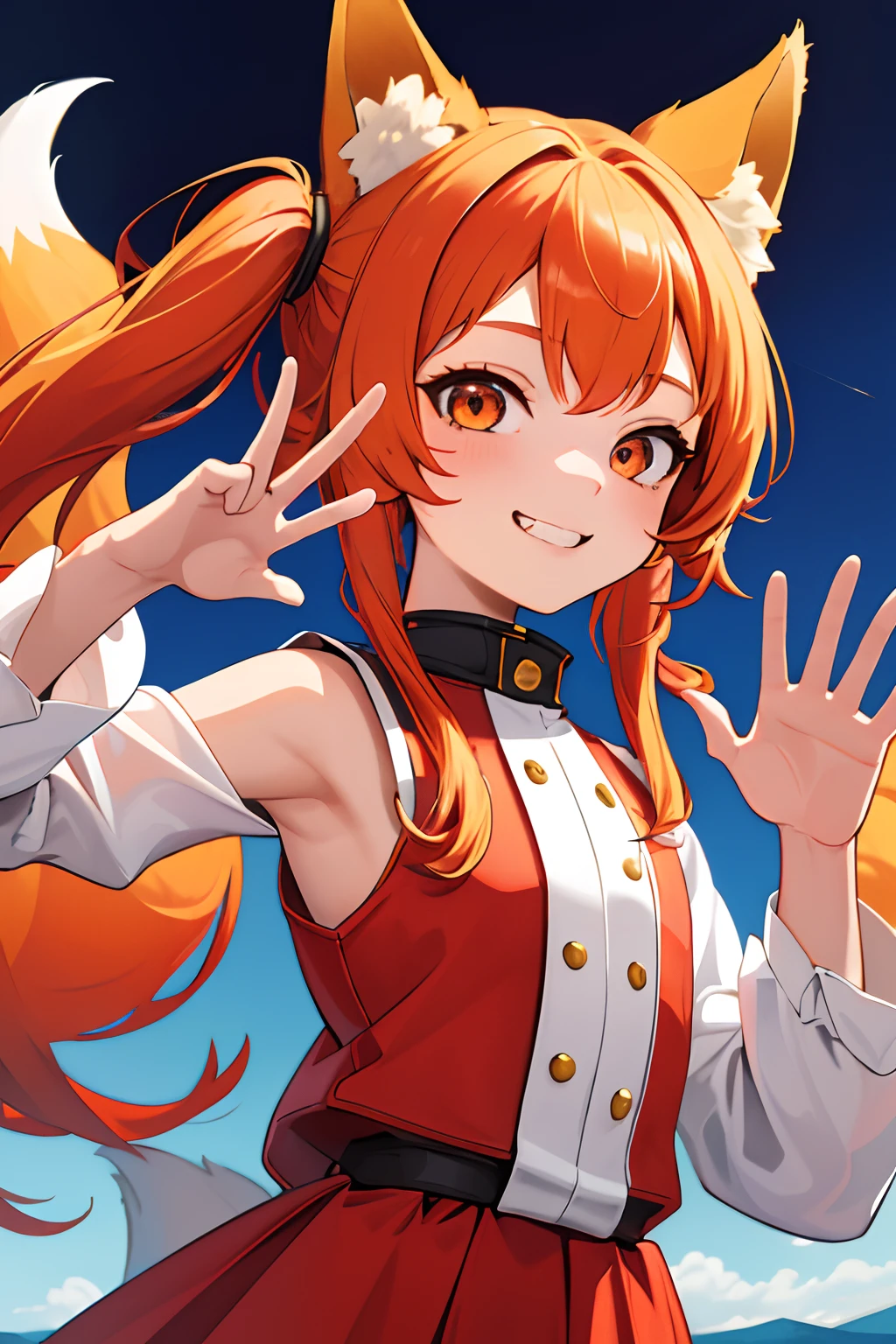 masterpiece, best quality, highres, absurdres, ultradetailed, 1girl, cute, petite, animal ears, fox ears, two-tone hair, red hair, blonde hair, twintails, long hair , happy, big smile, waving