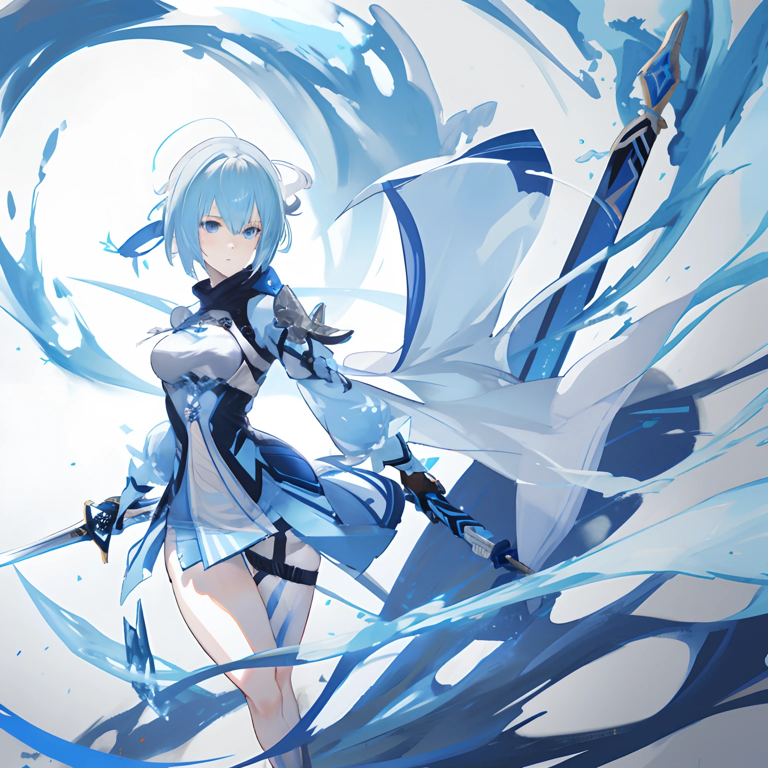 Short light blue hair，icey，Genshin Person，Gorgeous slim combat outfit， Nero,White and blue clothing，Absolute view of the thigh，big sword