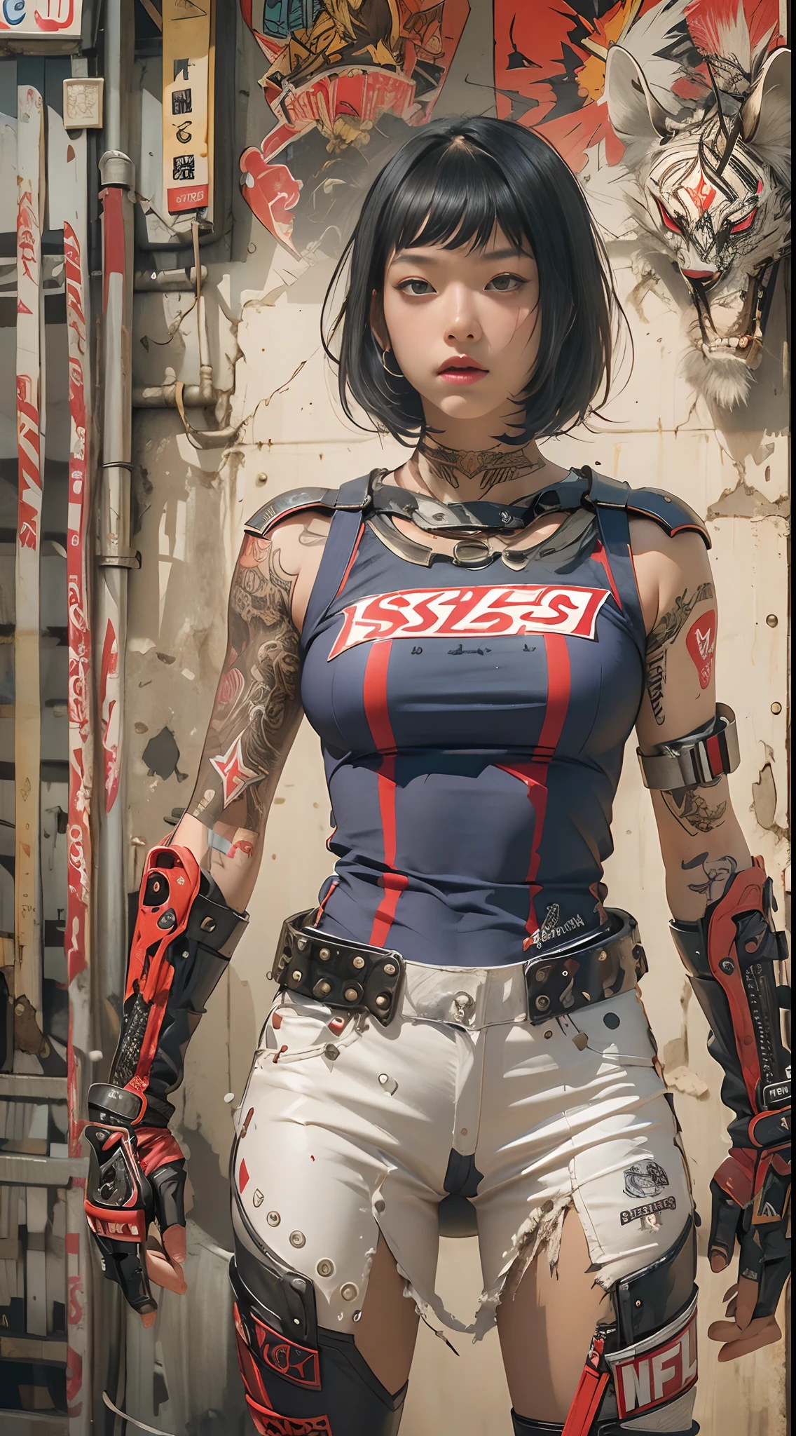 ((top-quality、8K、32K、​masterpiece、nffsw:1.3)), (superfine illustration)、(超A high resolution), (((adult body))), (((1girl in))), ((( Bob Shorthair ))), 25-year-old cyberpunk gladiator with a perfect body, Shoulder pads with metal spines, Gladiadores in Brooklyn, (( Bob Shorthair )), Small leather panties, Torn rugby team shirt, Almost naked in Simon Bisley's urban savage style, short blond hair, Minimum clothing, Metal protection on the left arm with complex graphics, Dark red with white stars and blue and white stripes, s Armor, Full of tips and rivets, Poison tattoo (((Image from the knee up))), short white blonde hair, In the background、 There is a wall with an intricate design painted by Shepard Fairey