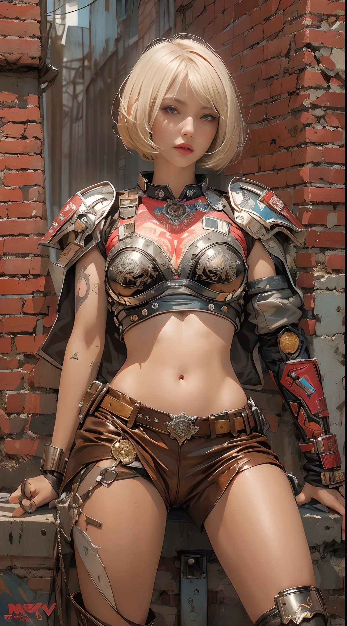 ((top-quality、8K、32K、​masterpiece、nffsw:1.3)), (superfine illustration)、(超A high resolution), (((adult body))), (((1girl in))), ((( Bob Shorthair ))), 25-year-old cyberpunk gladiator with a perfect body, Shoulder pads with metal spines, Gladiadores in Brooklyn, (( Bob Shorthair )), Small leather panties, Torn rugby team shirt, Almost naked in Simon Bisley's urban savage style, short blond hair, Minimum clothing, Metal protection on the left arm with complex graphics, Dark red with white stars and blue and white stripes, s Armor, Full of tips and rivets, Poison tattoo (((Image from the knee up))), short white blonde hair, In the background、 There is a wall with an intricate design painted by Shepard Fairey