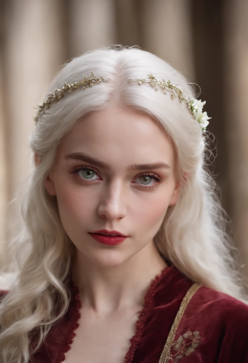 (((a deep reddish wound crosses her left cheek))) fair complexion, woman around 19 years old, natural white hair, distinctive green eyes, wearing kohl, slender and graceful, beautiful, candlelight in a medieval  setting, ultra sharp focus, realistic shot, medieval female clothes, tetradic colors (scar:1.4) showing brests pink  standing naked