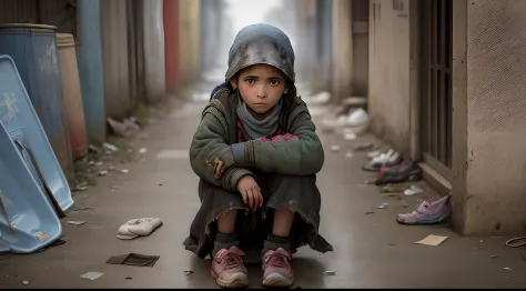 A young girl who drinks poverty in very tattered clothes, sells matches on a cold night, well, pitiful eyes, on the street, tatt...