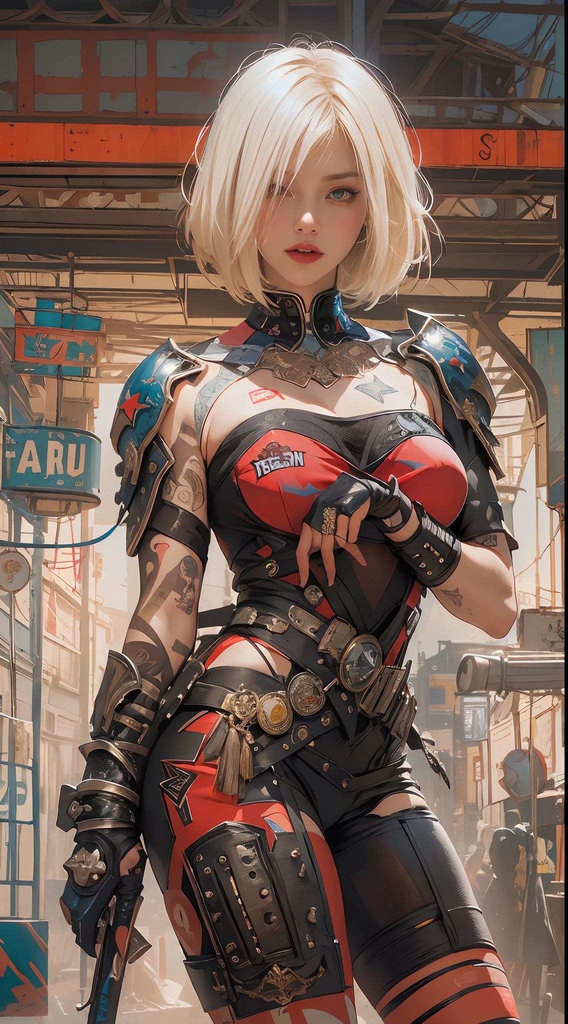 ((top-quality、8K、32K、​masterpiece、nffsw:1.3)), (superfine illustration)、(超A high resolution), (((adult body))), (((1girl in))), ((( Bob Shorthair ))), 25-year-old cyberpunk gladiator with a perfect body, Shoulder pads with metal spines, Gladiadores in Brooklyn, (( Bob Shorthair )), Small leather panties, Torn rugby team shirt, Almost naked in Simon Bisley's urban savage style, short blond hair, Minimum clothing, Metal protection on the left arm with complex graphics, Dark red with white stars and blue and white stripes, s Armor, Full of tips and rivets, Poison tattoo (((Image from the knee up))), short white blonde hair, In the background、 There is a wall with an intricate design painted by Shepard Fairey