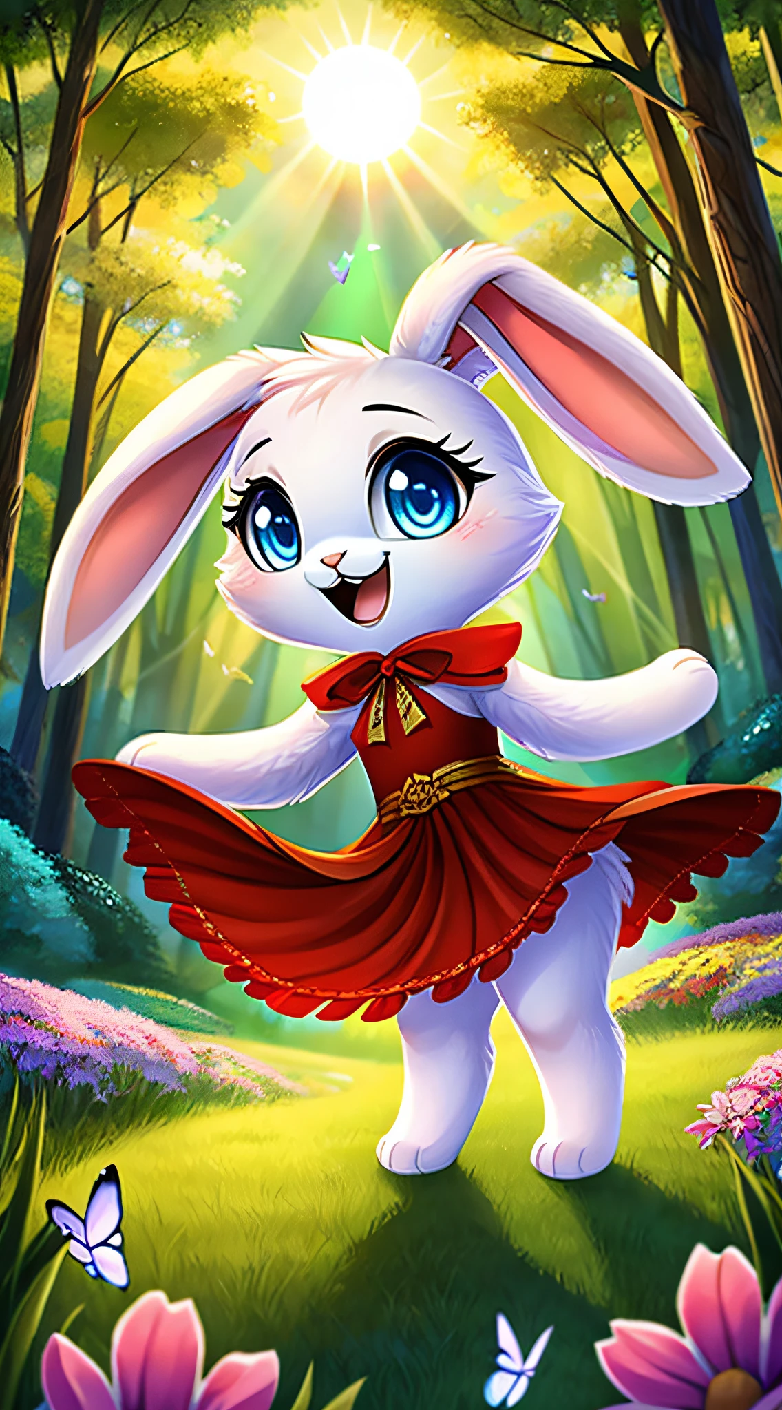 A cartoon bunny in a red dress standing in a forest - SeaArt AI