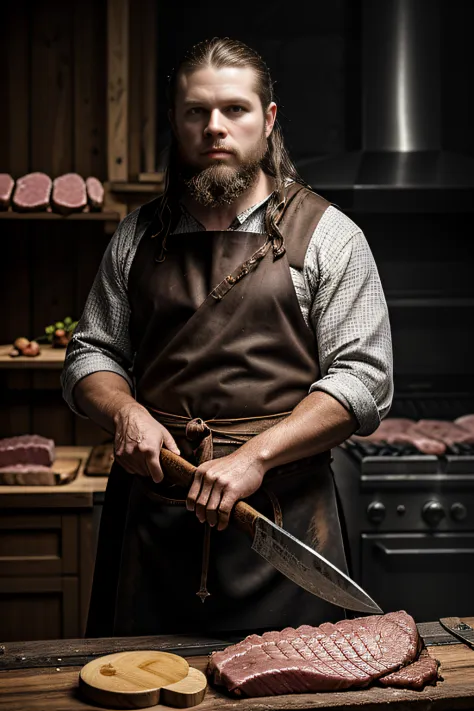 A Viking standing before a butcher's table, holding an ax boning a piece of meat, Style, (Warm tone, warm tone): 1.2), Close-up,...