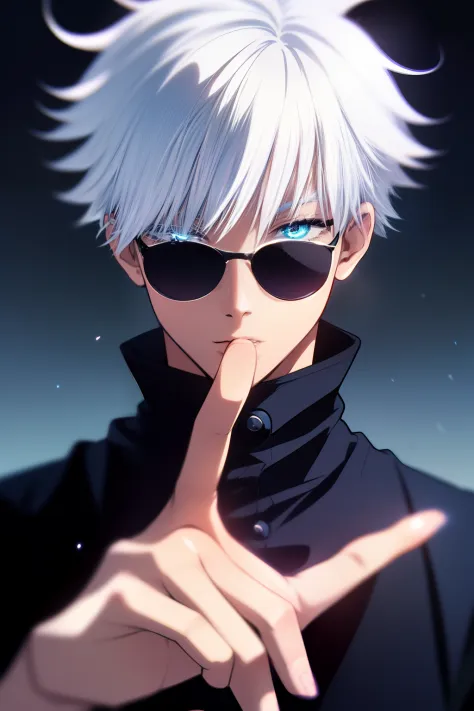 ((High detail、Cinematic lighting))、Messy white hair、aquamarine Eyes、White eyelashes、god light、Ray tracing、shadowing、Optical illusion、The upper part of the body、Looking at the camera、Masterpiece、((Super detail、Best quality、8K))、jujutsu kaisen、Gojo Gojo、Blac...