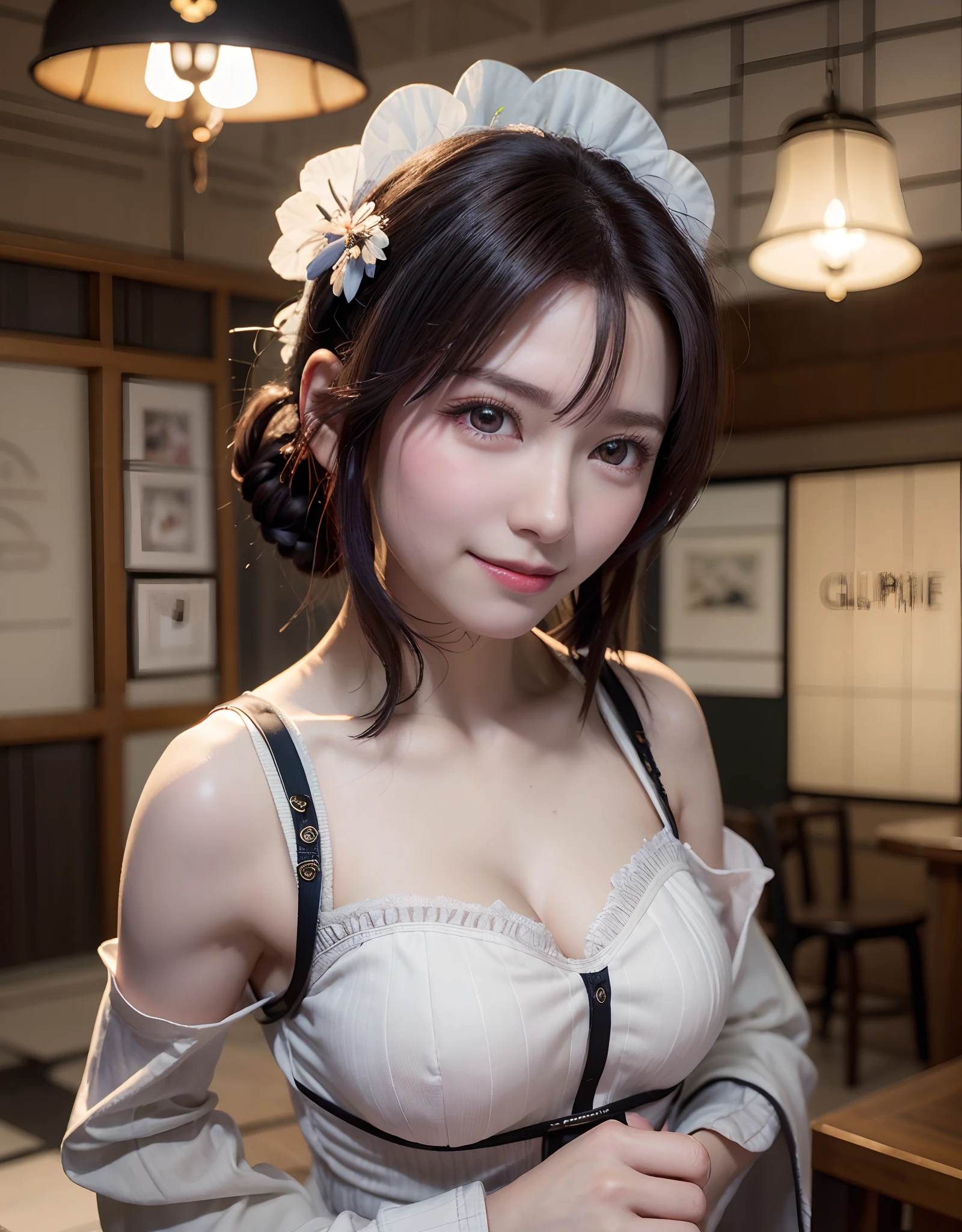 top-quality、8K Masterpiece、超A high resolution、(Photorealsitic:1.3)、Raw photo、女の子1人、Short bob hair、glowy skin、maid clothes、((super realistic details))、portlate、globalillumination、octan render、in 8K、ultrasharp、Beautiful breasts、highly intricate detail、Realistic light、CGSoation Trends、beautidful eyes、radiant eyes、Facing the camera、Spiteful smile