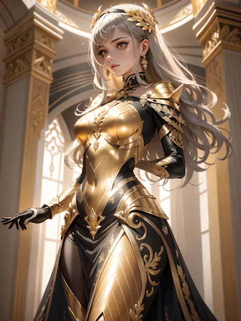 uma mulher em um vestido dourado, Realistic art station, cena de chuva forte, arte de fantasia detalhada, arte de personagem imp...