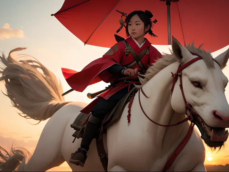 samurais，redcoat，riding a monster，the background is the setting sun，evening light，4k ultra hd, 超高分辨率, (photorealistic: 1.4), bes...