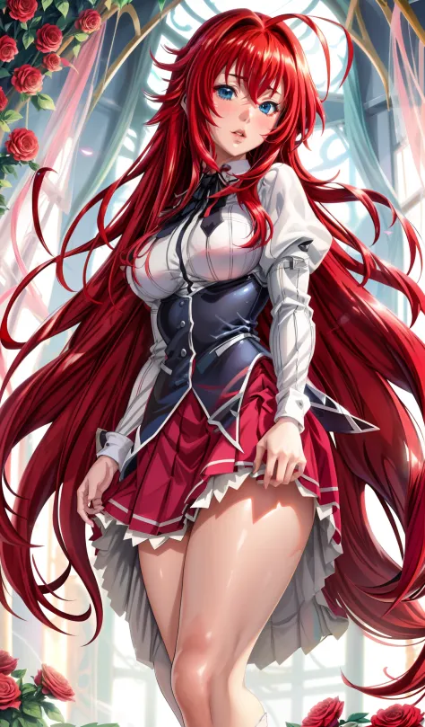 realistic, 1girl, rias gremory, red hair, white hair, Blue eyes, glowing eyes, bodysuit, Red skirt, Pink pantyhose ,parted lips, blush, night, flowers, sun, sunlight,