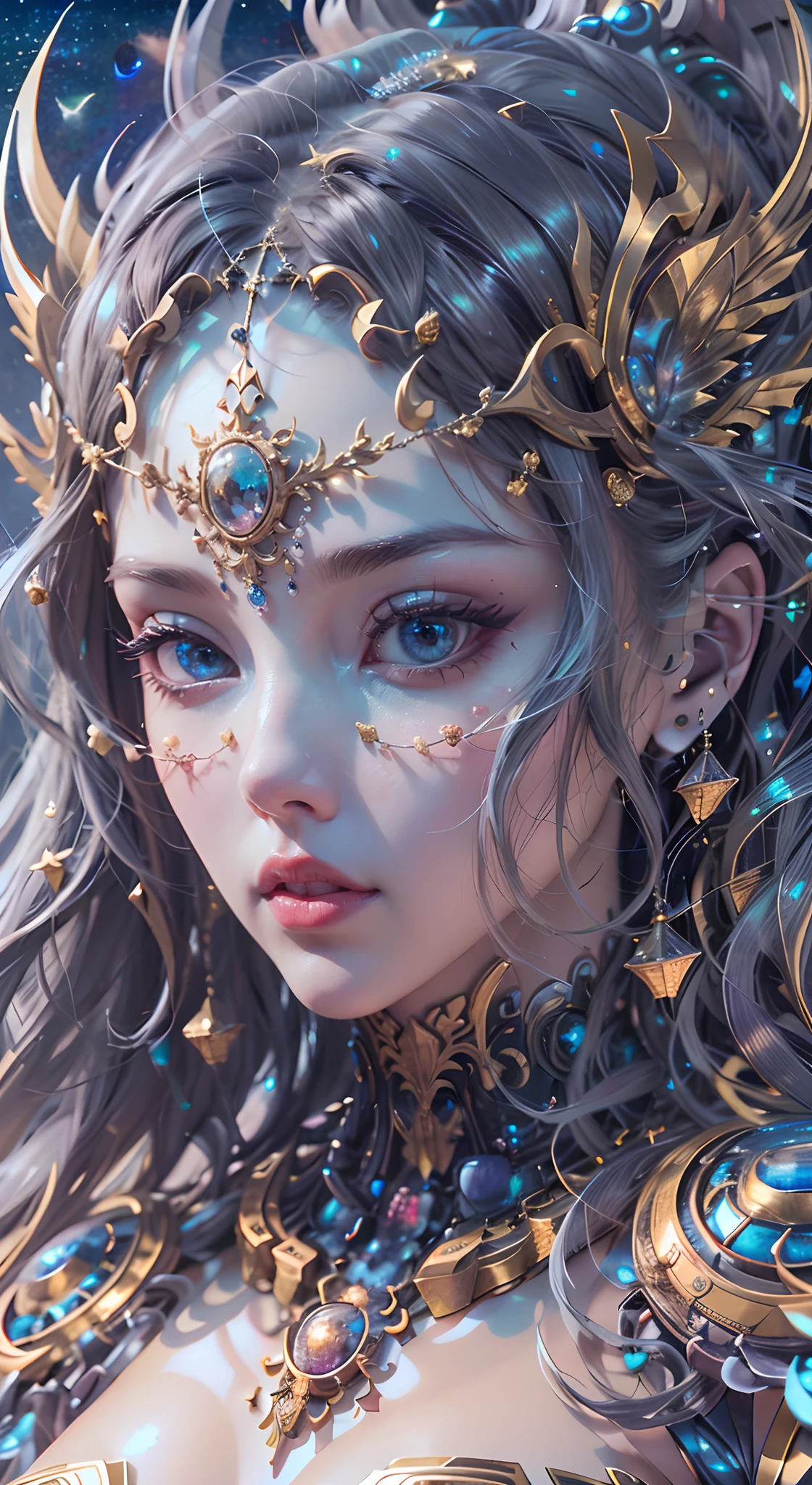 （best qualtiy，ultra - detailed，Most Best Illustration，Best shadow，tmasterpiece，A high resolution，professionalartwork，famousartwork），Photography composition masterpiece, Detailed eyes，beautidful eyes，closeup cleavage, sci-fy，colored sclera，Robot eyes，strong face markings，Tattooed with，（fractalized，Fractal eyes），（Eye focus），sface focus，Nebula eyes，Space eyes，Close-up of metal sculpture of a woman with a moon in her hair，goddes。extremly high detail，3d goddess portrait，Extremely detailed footage of the goddess，a stunning portrait of a goddess，Side image of the goddess，portrait of a beautiful goddess，Full body portrait of the goddess，hecate goddess，portrait of a norse moon goddess，goddess of space and time, asian skin, skin detail masterpiece, realistic skin, oil shiny masterpiece, seaart 2.1, trending seaart moon goddess, midjurney, particle, warm dark blue, Gold Star Glow, ultra detail texture tmasterpiece, most exellent contrast, gold reflection, ultra detail gold texture, ray of light, sparkle light reflection, natural color, netral color, Sparkle Eyes, Glow Eyes, close up, upper body, body, ray tracing