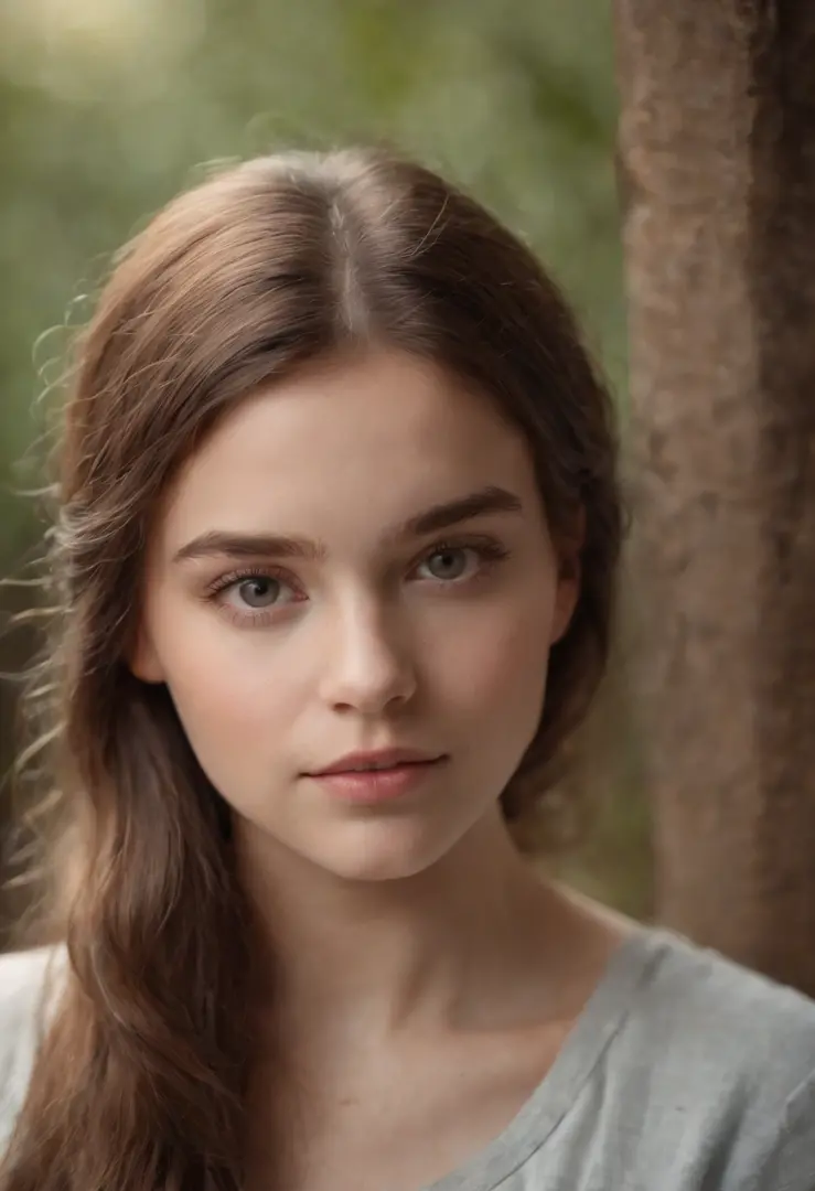 Um retrado realista de uma menina de 19 anos com cabelos castanhos e lisos nua