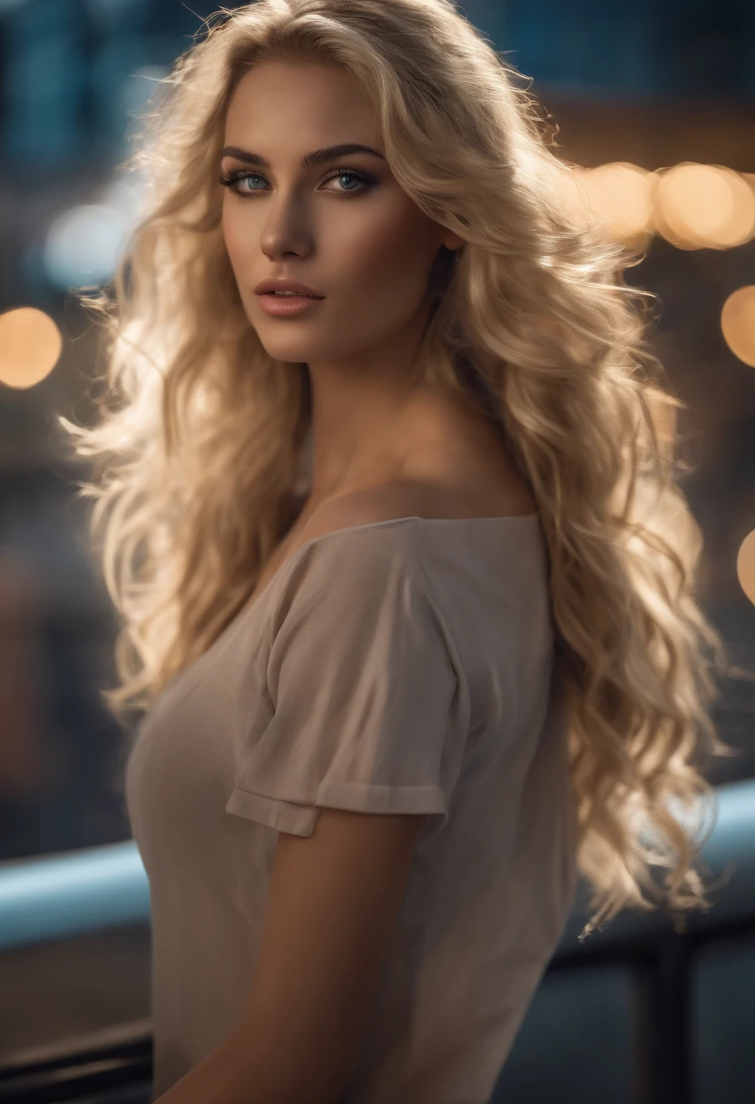 gorgeous woman with extra long wavy blonde hair, detailed alluring eyes, long sexy legs, wearing tiny shorts, t-shirt, ((detailed facial features)), (finely detailed skin), pale skin, realistic skin texture, extreme skin details, (pores:0.1), in the background beautiful futuristic cyberpunk city, best quality masterpiece, photorealistic, hyperrealistic, detailed, 8k, HDR, (Soft color: 1.2), shallow depth of field, broad light, high contrast, backlighting, bloom, light sparkles, chromatic aberration, sharp focus, RAW color photo