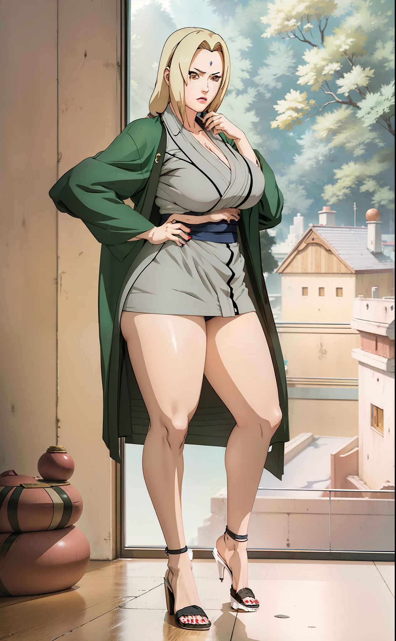 A woman in a green coat and heels standing in front of a window - SeaArt AI