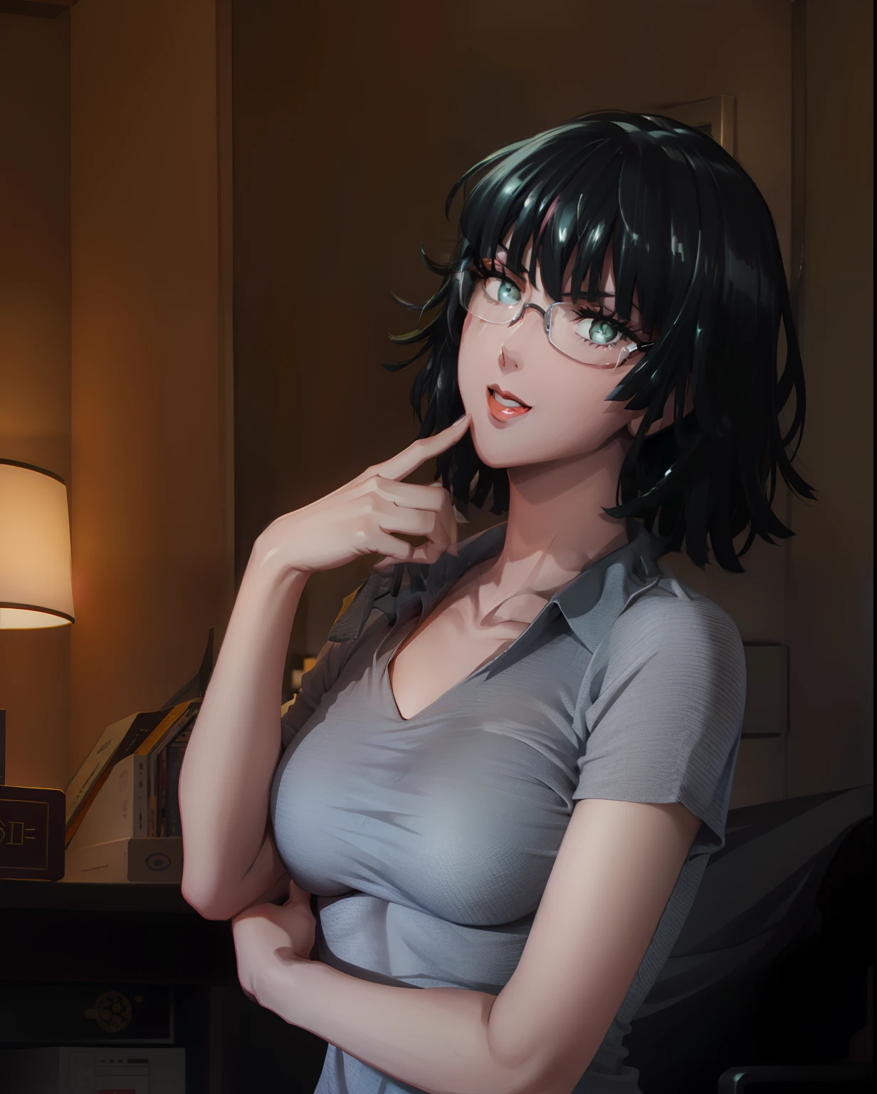 Girl, smile, short hair, red lips, glasses, fair skin, big nose, big , wearing a bracelet, gray clothes colors, sexy body, sexy pose, elegant pose, beautifull girl, in room, realistic