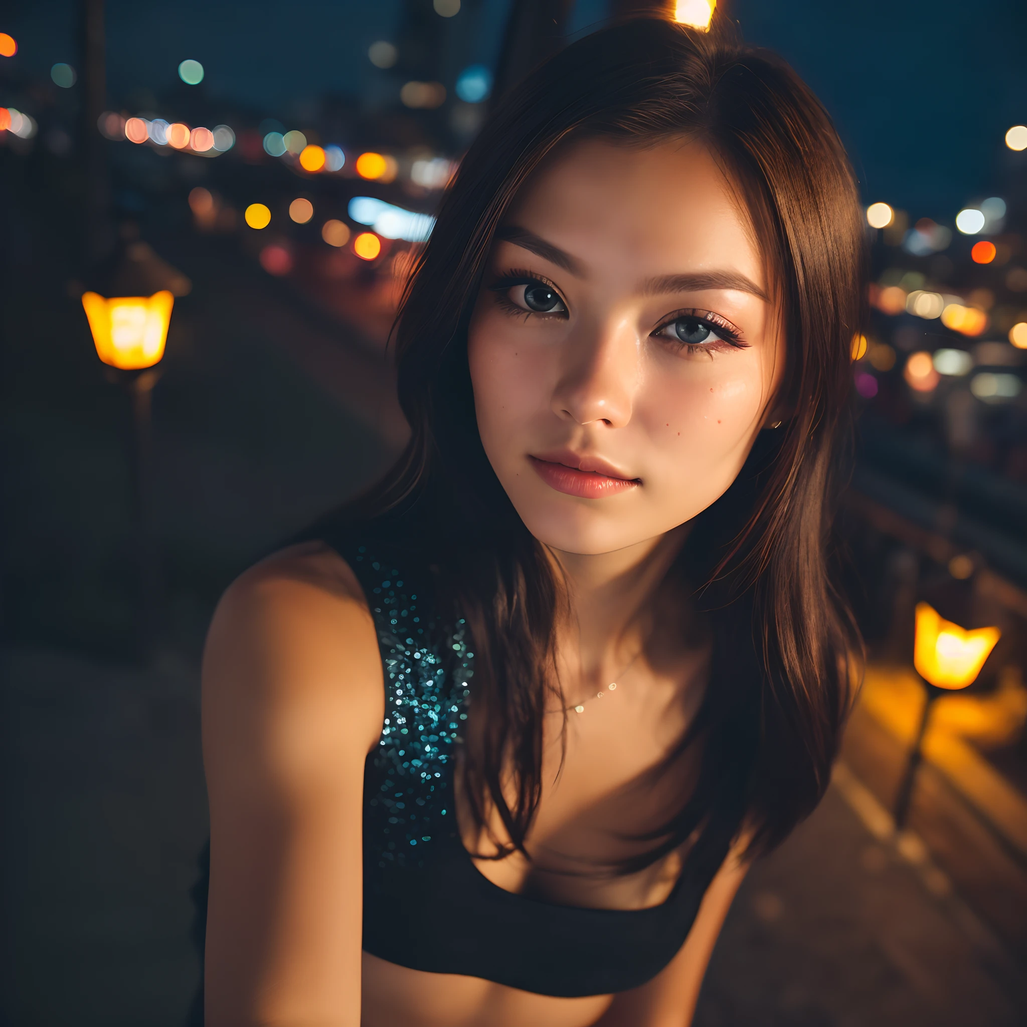 (selfie, top view: 1.4), (straight half of the body: 1.4), RAW UHD portrait photo of a 24-year-old blonde (blue-eyed woman) walking down a disco large breasts,, city at night, (skirt), (neckline), details (textures! , hair! , glitter, color!! , disadvantages: 1.1), glossy eyes with high detail (looking at the camera), SLR lighting, SLR camera, ultra-quality, sharpness, depth of field, film grain (center), Fujifilm XT3, crystal clear, frame center, beautiful face, sharp focus, street lamp, neon lighting, bokeh (dimly lit), night, (night sky), detailed skin pores, oily skin, sunburn, complex eye details, full body, large breasts, (((Masterpiece))), (((best quality))), ((Ultra-detailed)).