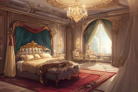 there is a bed in a room with a chandelier and a chair, luxurious environment, interior background art, royal interior, bedroom ...