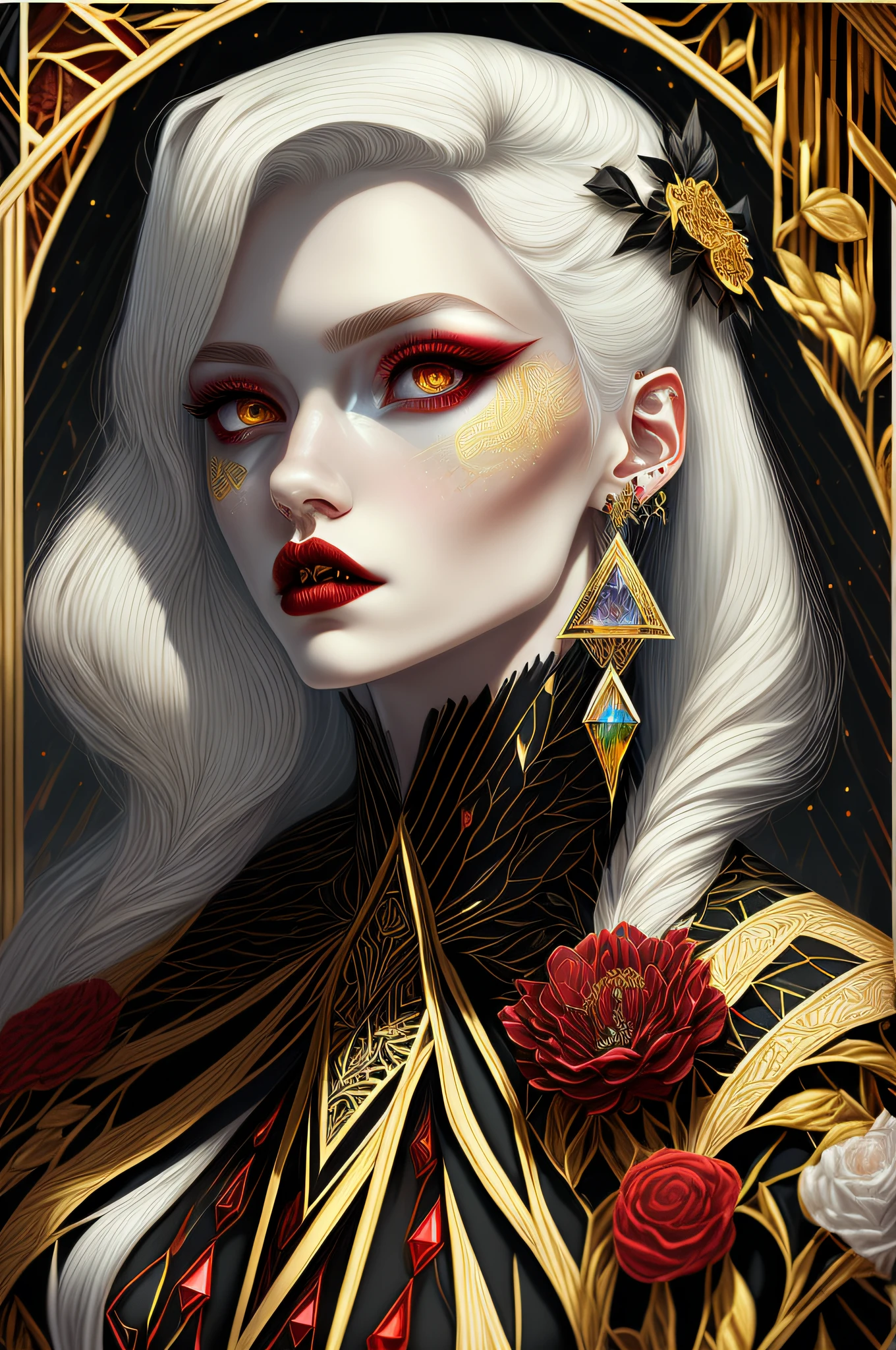 A tarot512 (masterpiece, 4k, ultra detailed, raw photo:1.2), illustration, (Art Deco:1.2), (minimalism:1.2), (CCDDA Artstyle:1.0), (pale skin:1.2),  (beautiful face:1.0), vampire, fangs, blood, amethyst polished gemstone, refraction, black glass, reflection, crystalline armor, crystals, white hair, pointy ears, skinny drow, beautiful angular face, glowing, red eyes, very long flowing hair, (puffy lips:1.1), huge lips, glowing jewelry, crystals, red and gold, earrings, brooch, high neck, (detailed floral patterns, intricate geometric patterns:1.1),