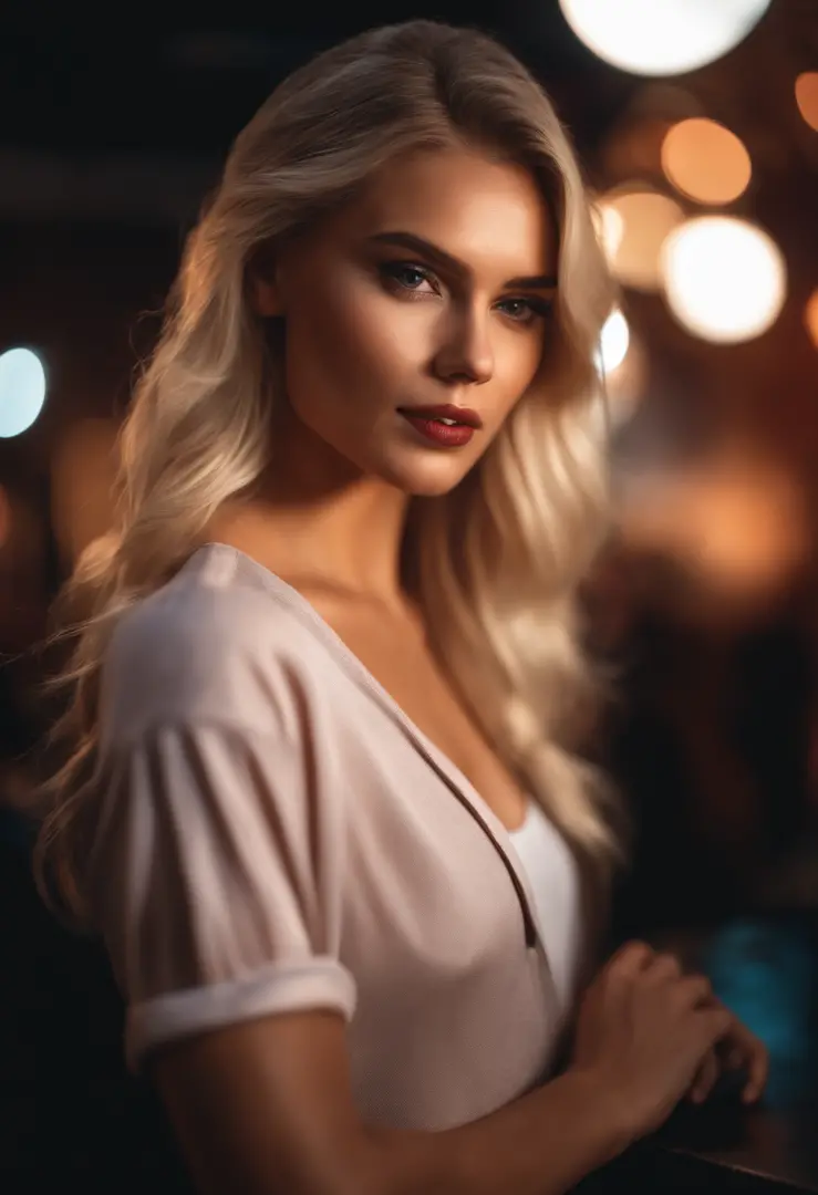 A glamorous female blonde influencer posing in a club, best quality, 1girl, blur background, bokeh, (club: 1.4), ((wearing casual clothe s)), gorgeous, (dynamic pose:1), soft lighting, wind, ((portrait:1.4)),