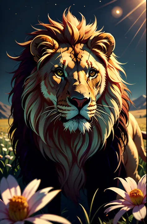 a stunning photo of a solo king lion surrounded by plants in a flower meadow, 8k resolution concept art( intricate details:1.2),...